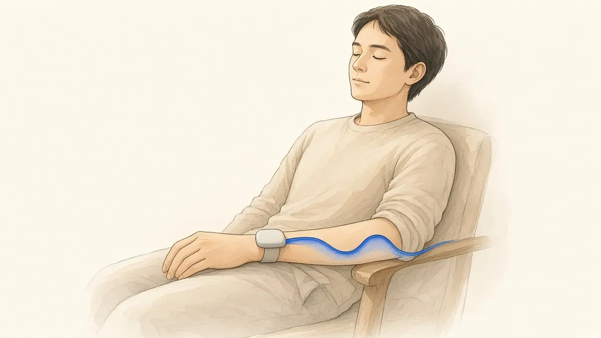 A person resting in a chair, wearing a screenless wrist strap, with a quiet blue ribbon beside the arm