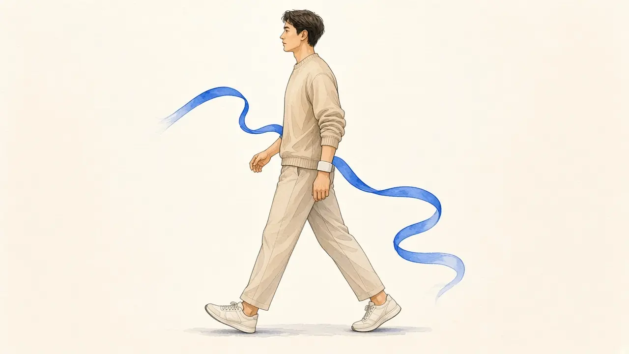 A person walking in a watercolor, wearing a screenless wrist strap, with a blue ribbon following the stride