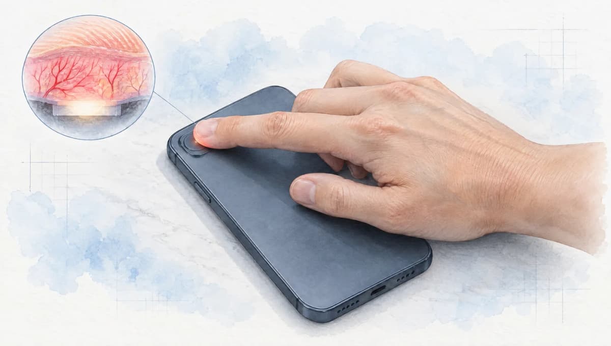 Watercolor illustration of a naturally positioned index fingertip covering a phone's rear camera and adjacent white flash