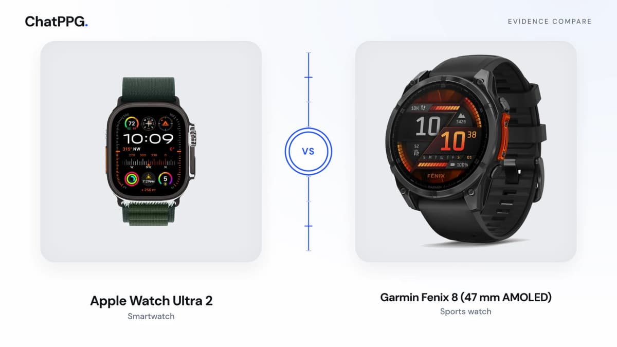 ChatPPG comparison of Apple Watch Ultra 2 and Garmin Fenix 8 (47 mm AMOLED). Product photographs, not a measurement.