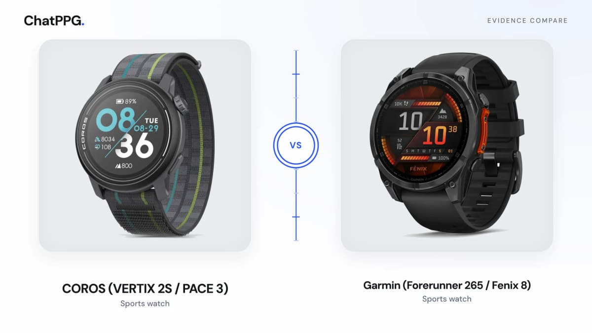 ChatPPG comparison of COROS (VERTIX 2S / PACE 3) and Garmin (Forerunner 265 / Fenix 8). Product photographs, not a measurement.