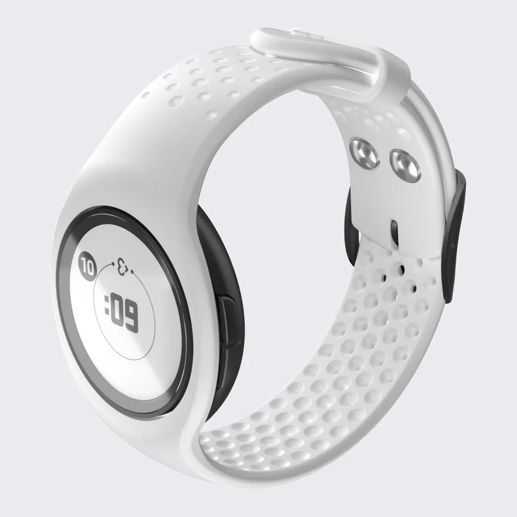 Product image of a white Empatica EmbracePlus, with a round screen and a perforated band.