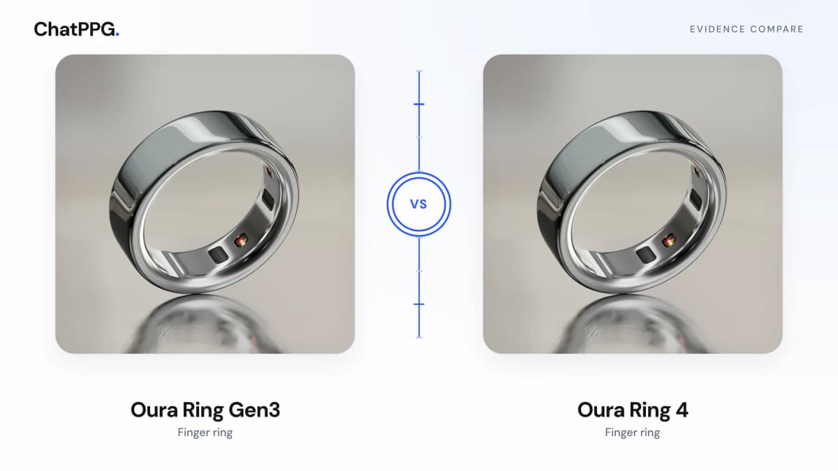 ChatPPG comparison of Oura Ring Gen3 and Oura Ring 4. Product photographs, not a measurement.