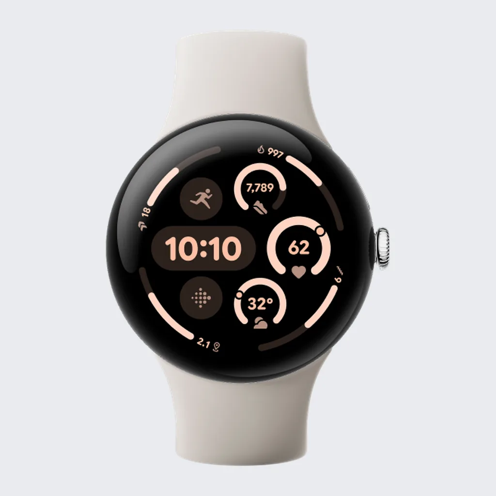 Photograph of a Google Pixel Watch 3 with a polished silver case and a porcelain band.