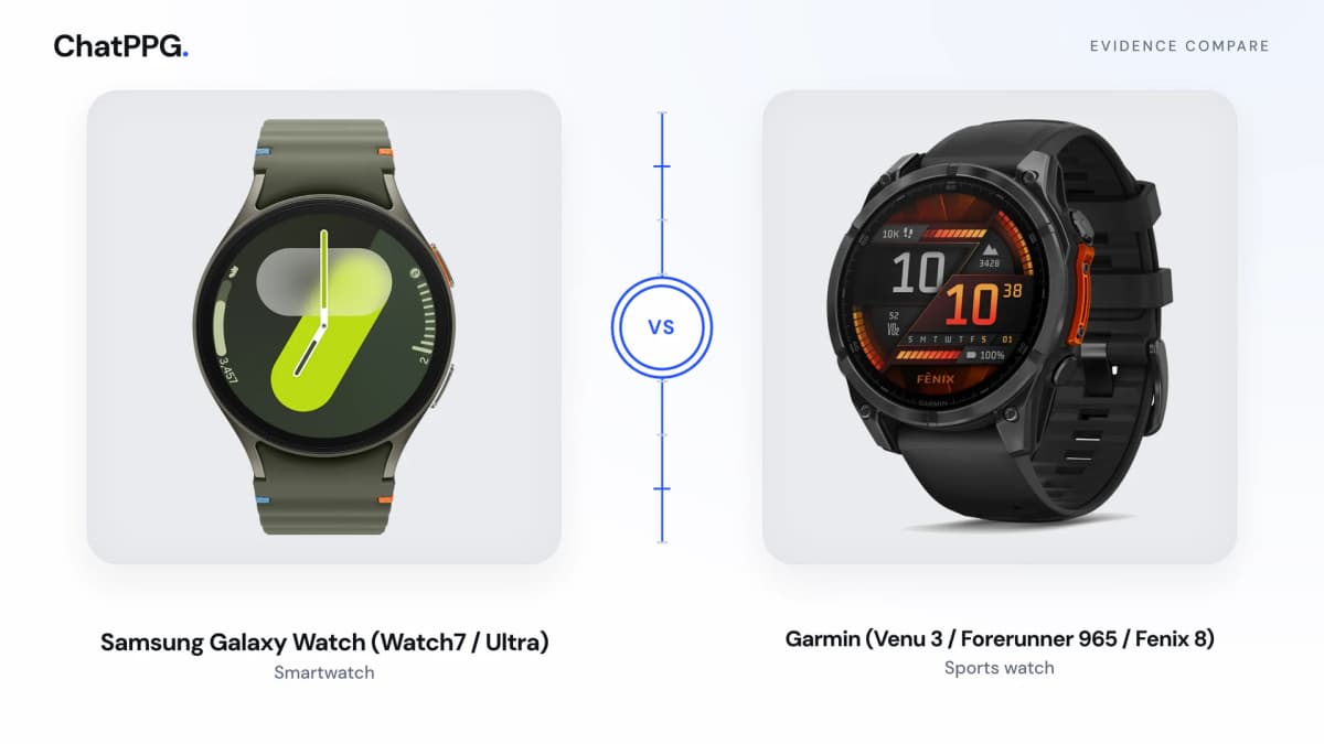 ChatPPG comparison of Samsung Galaxy Watch (Watch7 / Ultra) and Garmin (Venu 3 / Forerunner 965 / Fenix 8). Product photographs, not a measurement.