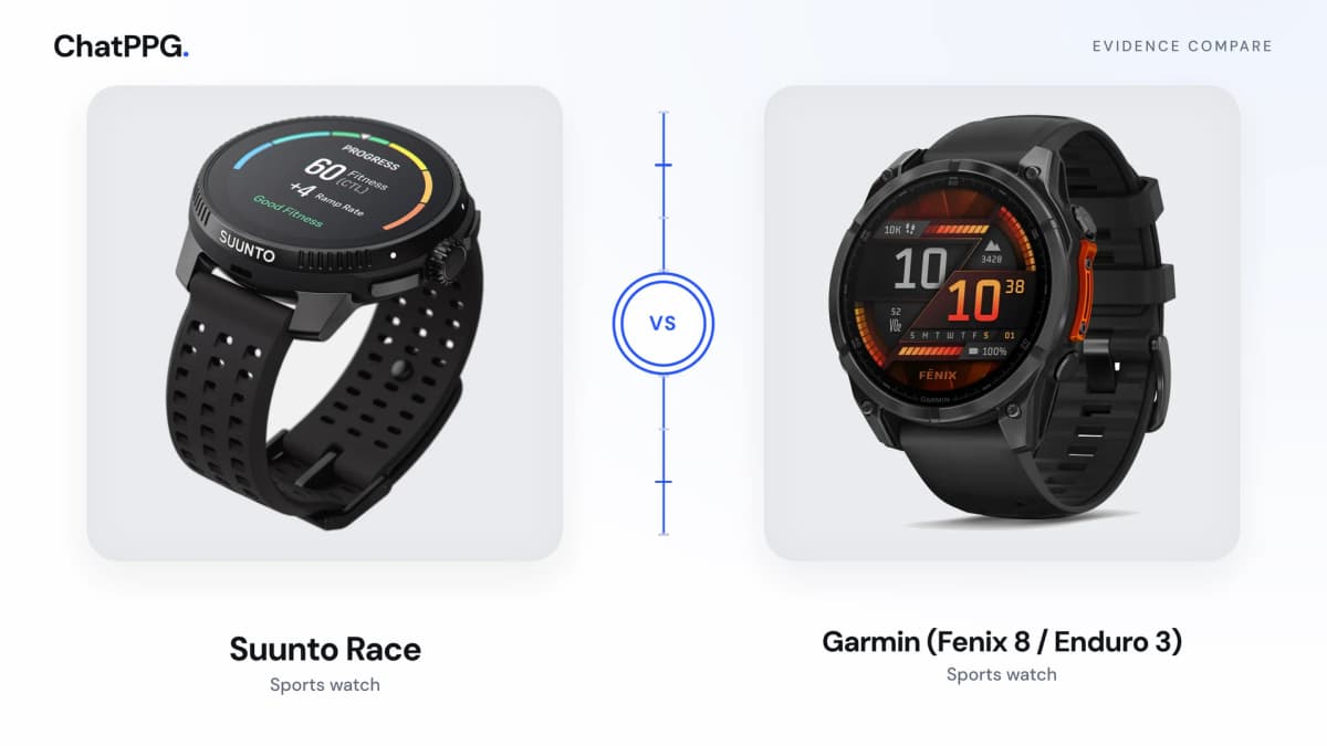 ChatPPG comparison of Suunto Race and Garmin (Fenix 8 / Enduro 3). Product photographs, not a measurement.