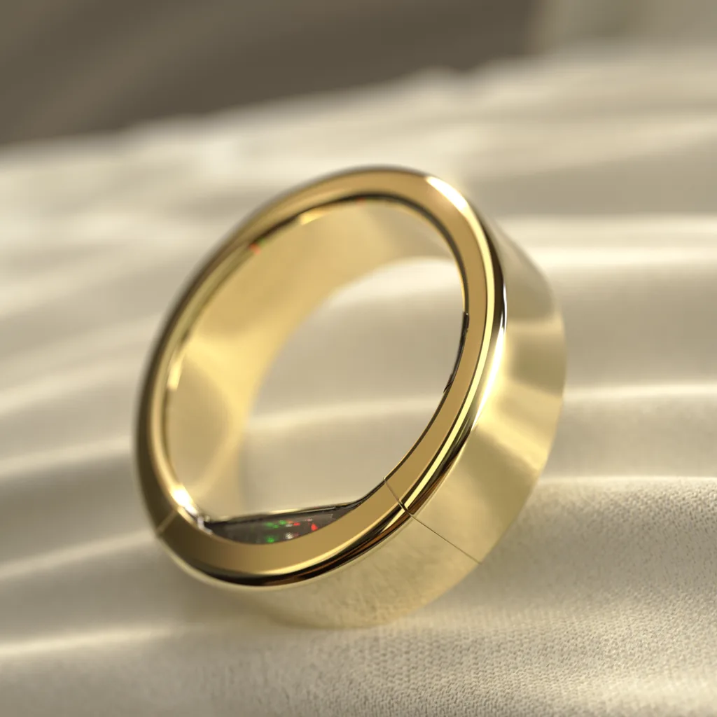 Photograph of an Ultrahuman Ring PRO in bionic gold, resting on fabric.