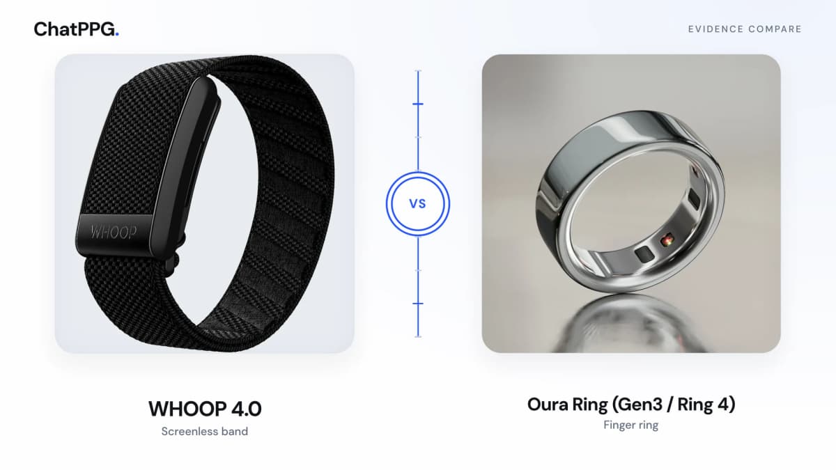 ChatPPG comparison of WHOOP 4.0 and Oura Ring (Gen3 / Ring 4). Product photographs, not a measurement.