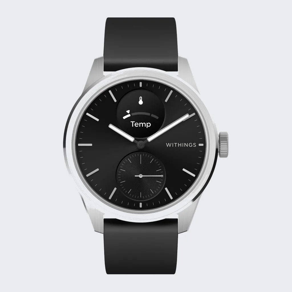 Photograph of a Withings ScanWatch 2, 42 mm, with a black dial and black strap.