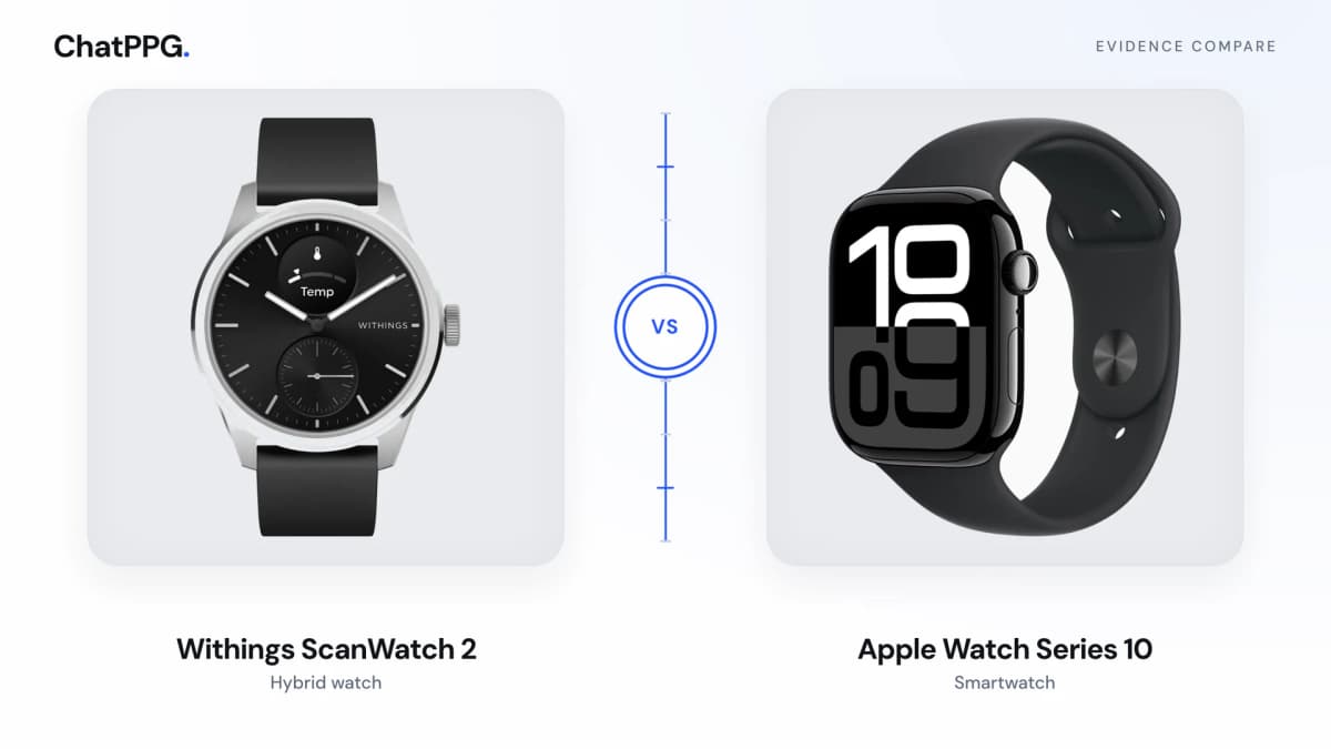 ChatPPG comparison of Withings ScanWatch 2 and Apple Watch Series 10. Product photographs, not a measurement.