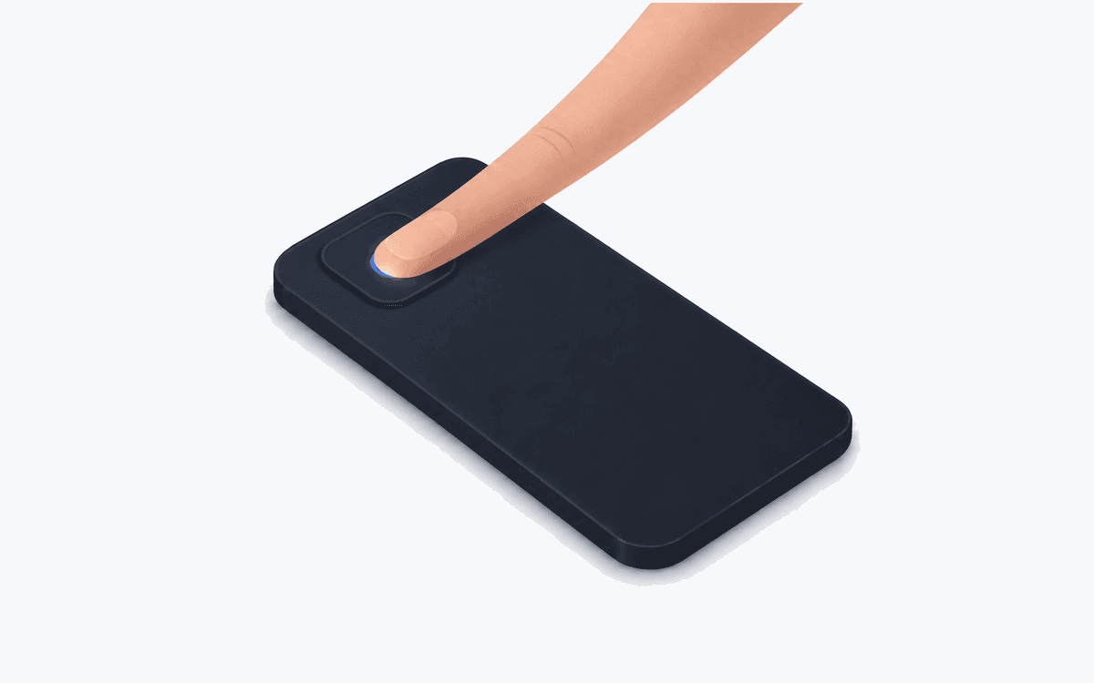 Illustration of a fingertip resting over a phone's rear camera and flash, glowing softly from the light beneath it