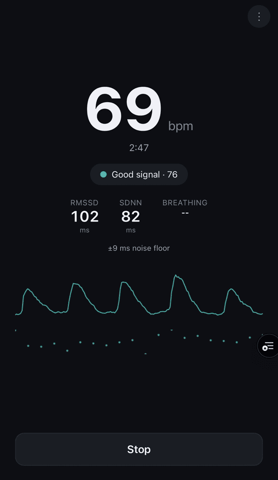 ppg-js measuring screen: 69 bpm, good signal, RMSSD and SDNN with the noise floor, live pulse waveform