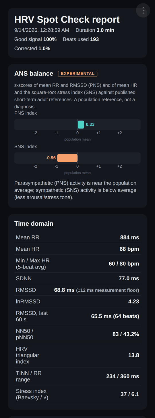 ppg-js report screen: ANS balance, time-domain HRV with the measurement floor next to RMSSD