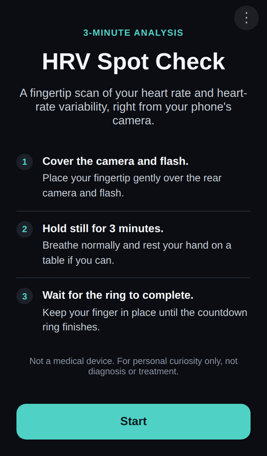ppg-js HRV Spot Check start screen: cover the camera and flash, hold still for 3 minutes, wait for the ring