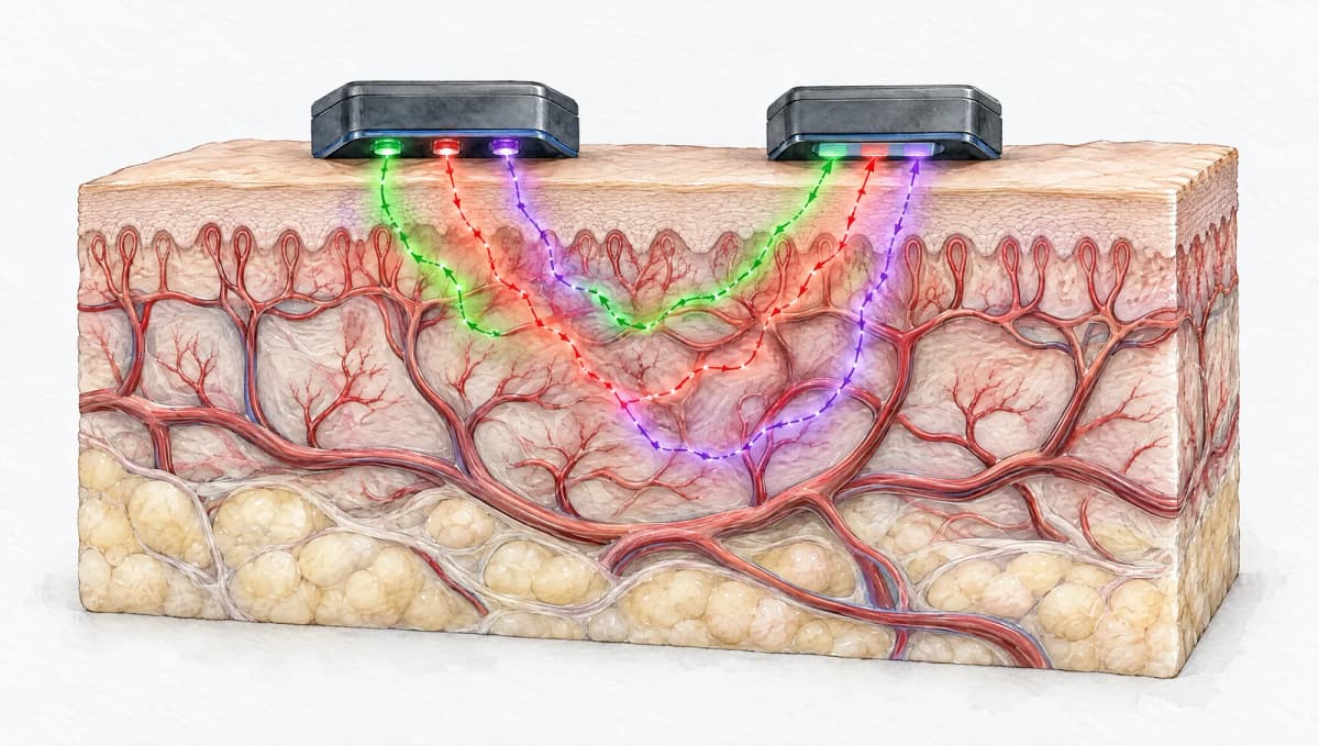 Ink-and-watercolor cutaway of skin: a light emitter and detector sit on the same surface, above an avascular epidermis, vascular dermis, and subcutaneous fat. Green, red, and violet schematic paths return through tissue to the detector.