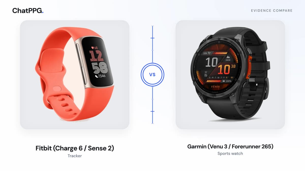 ChatPPG comparison of Fitbit (Charge 6 / Sense 2) and Garmin (Venu 3 / Forerunner 265). Product photographs, not a measurement.