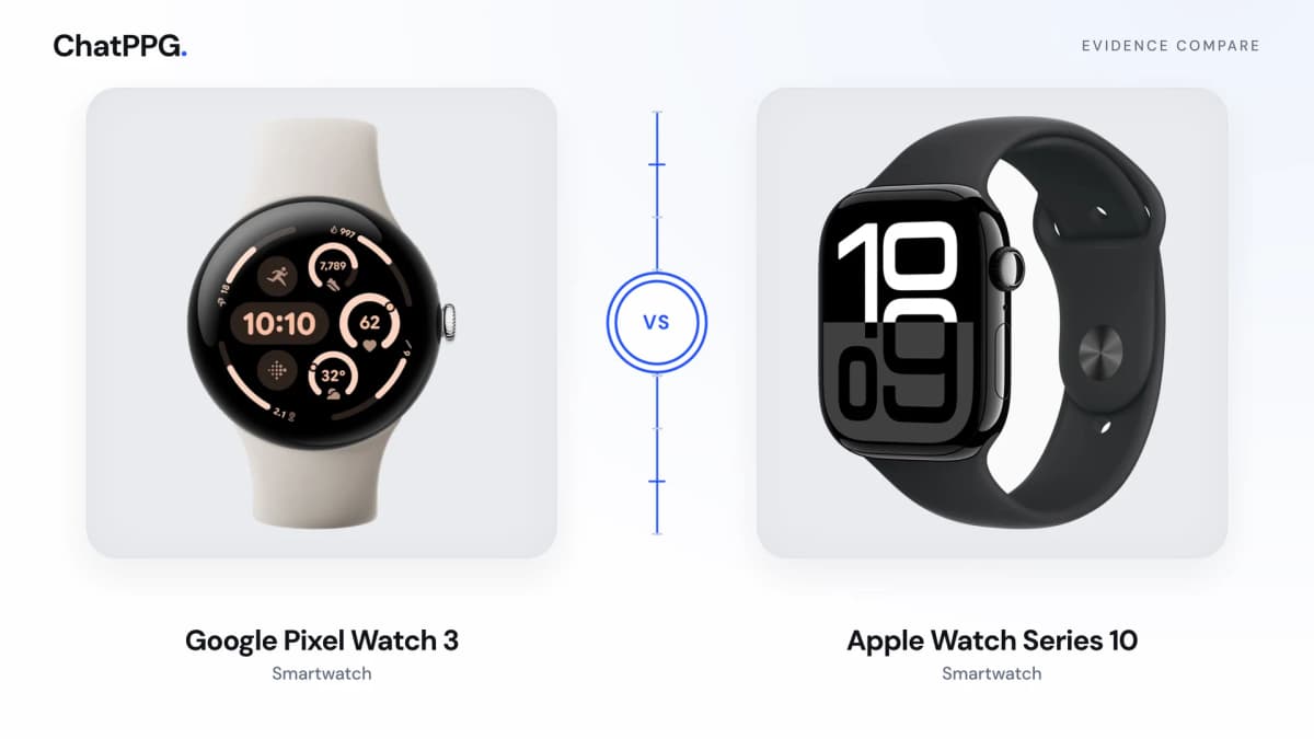 ChatPPG comparison of Google Pixel Watch 3 and Apple Watch Series 10. Product photographs, not a measurement.