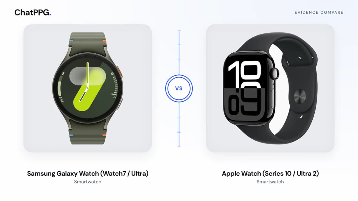 ChatPPG comparison of Samsung Galaxy Watch (Watch7 / Ultra) and Apple Watch (Series 10 / Ultra 2). Product photographs, not a measurement.