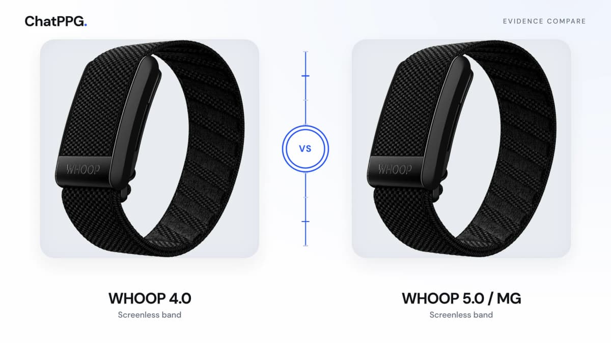 ChatPPG comparison of WHOOP 4.0 and WHOOP 5.0 / MG. Product photographs, not a measurement.