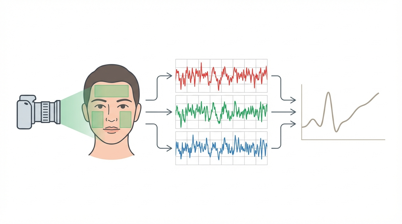 rPPG signal processing pipeline showing face detection, ROI selection, and signal extraction
