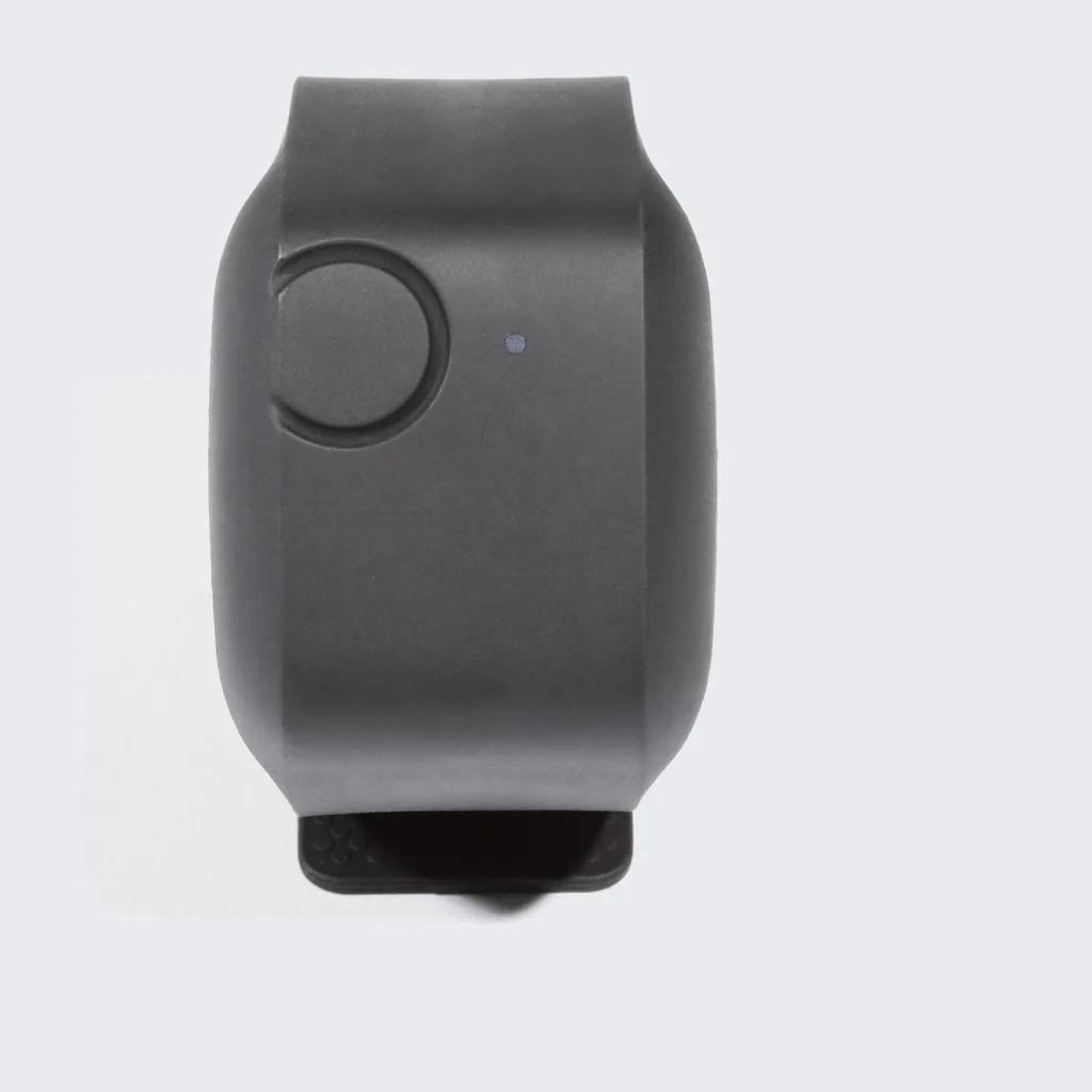 Product photograph of a black Empatica E4 wristband, seen from above