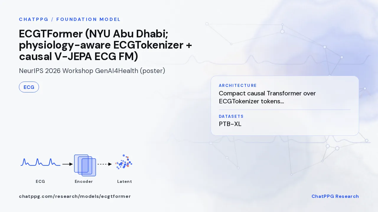 ECGTFormer (NYU Abu Dhabi; physiology-aware ECGTokenizer + causal V-JEPA ECG FM): ChatPPG research summary card